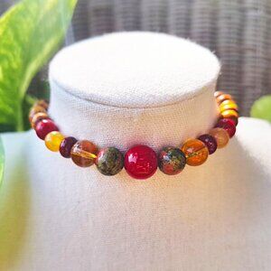 Red Coral & Unakite Choker Necklace, Bold Maximalist Choker, Colorful Summer